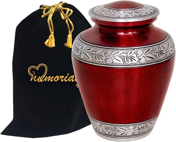 Elite Crimson Cloud and Silver Cremation Urn - Large Crimson Funeral Urn with Free Bag - Handcrafted Adult Crimson Urn for Human Ashes - New ~ Good Deal