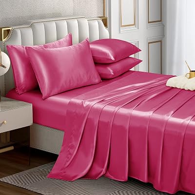 6 Piece Satin Sheets Size Silky Smooth Satin Sheet Set with16 Deep Pocket, Fitted Sheet, Flat Sheet, 4 Pillowcase XL Twin Hot Pink