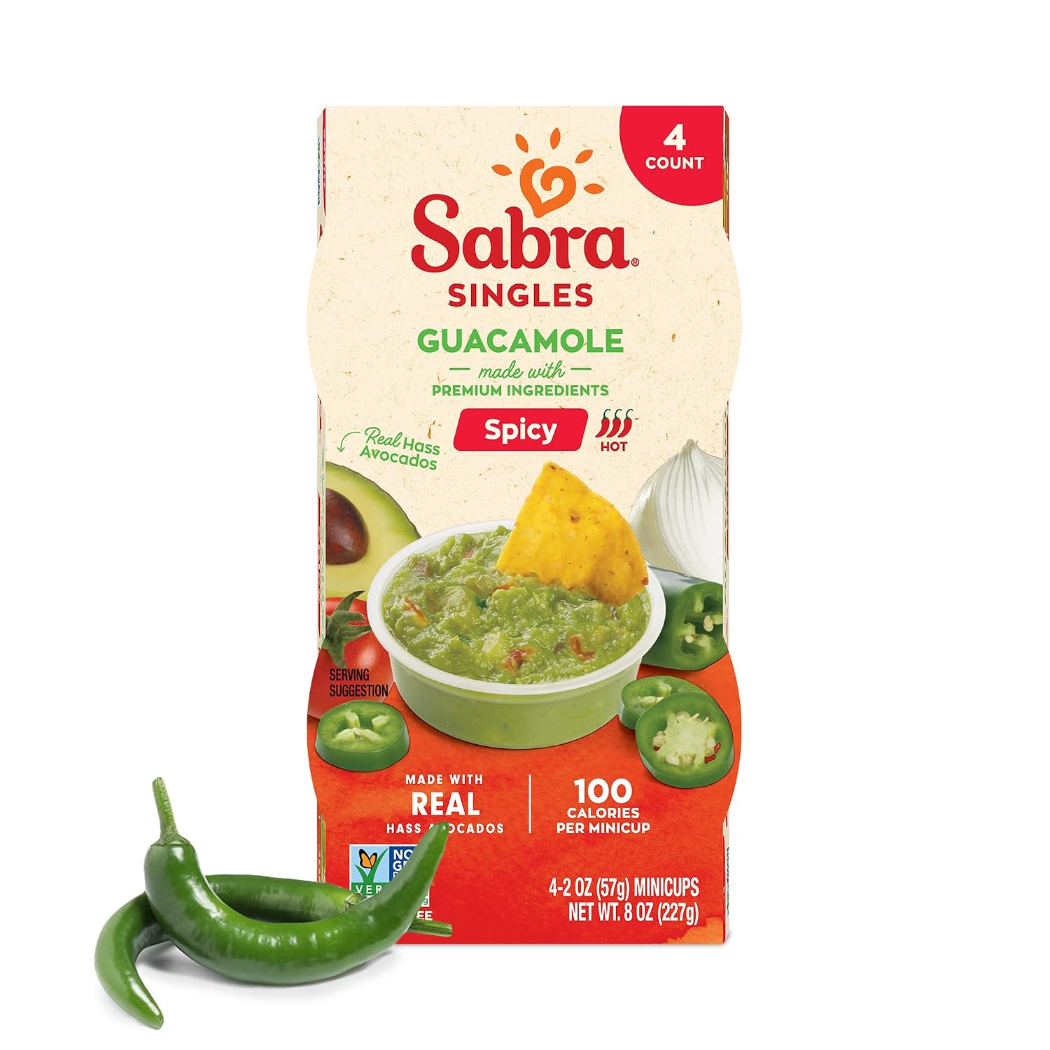 Sabra Spicy Guacamole Dip Cups for On the Go Snacks & Lunches, 2 Oz Singles Pack of 4 - Made with Real Hass Avocado - Non-GMO, Dairy-Free, Vegan, Vegetarian, Kosher & Gluten-Free