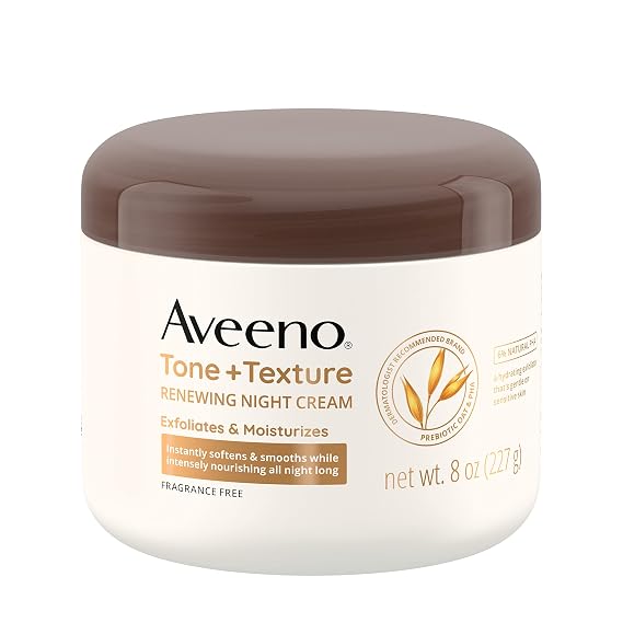Aveeno Tone + Texture Renewing Body Night Cream, Fragrance Free, 8 oz | Prebiotic Oat, Gently Exfoliates & Moisturizes Sensitive Skin, Instantly Softens & Smooths