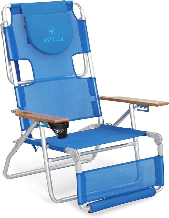 Ostrich the Original 3N1 Lightweight Beach Reclining Lounge Chair with Footrest, Outdoor Furniture for Patio, Balcony, Backyard, or Porch, Blue
