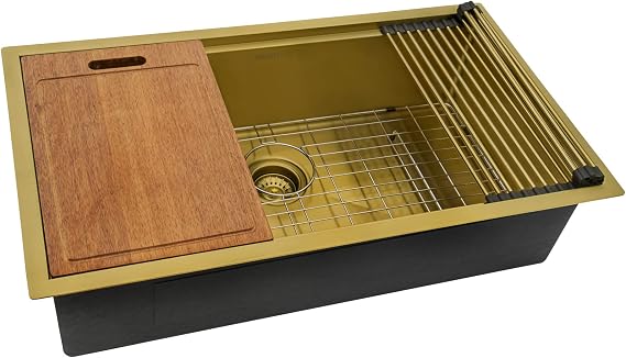 Ruvati 33 inch Workstation Satin Gold Matte Brass Stainless Steel Undermount Kitchen Sink Single Bowl - RVH6533GG
