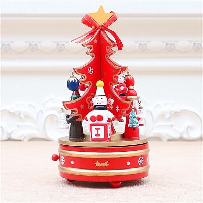 Christmas Tree Music Box, Christmas High-Grade Wooden Rotating Music Box, Wooden Xmas Tree Wind-up Revolving Musical Tabletop Decoration, Holiday Ornaments DIY Gifts for Children Red