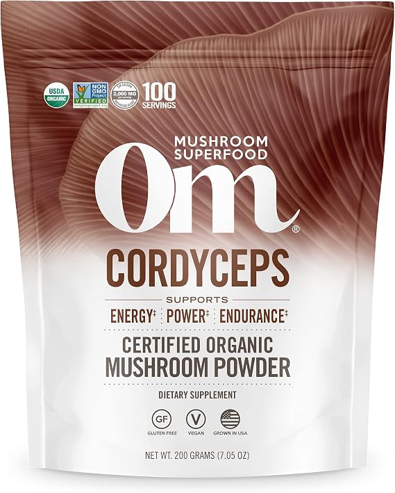 OM Mushroom Cordyceps Powder 7.05 oz (100 Servings) Organic, Vegan, Non-GMO, Gluten-Free Energy, Stamina & Endurance Support Adaptogenic Superfood for Sports, Performance, Smoothies & Tea