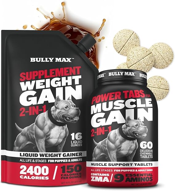 Bully Max Muscle Builder Power Tabs Supplement (60 tabs) and Weight Gainer Liquid Bundle for Puppies & Adults, All Breeds Supporting Healthy Weight Maintenance Vitality and Balanced Daily Nutrition