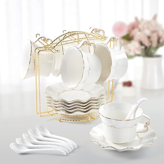 DUJUST Tea Cups and Saucers with Golden Trim,Set of 6 (7 OZ), Luxury Relief Printing Coffee Cups with Metal Stand, British Royal Porcelain Tea Party Set - White