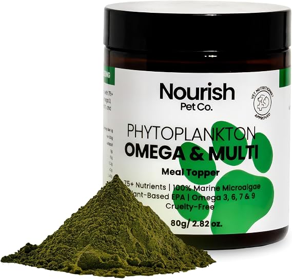 Nourish Pet Co. Phytoplankton Omega & Multivitamin for Dogs & Cats Phytoplankton Omega-3 Pet Supplement Food Pet Wellness Formula for Skin, Coat, Joint Mobility, Immune Balance & Vitality 80g