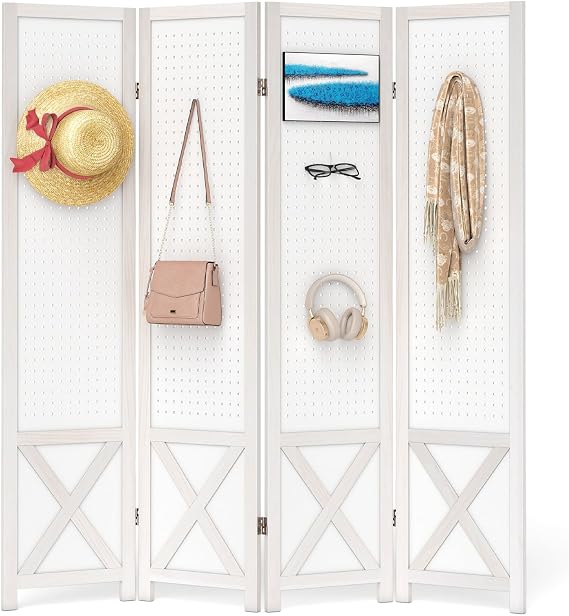 GOFLAME 4 Panel Pegboard Freestanding, 5.6 FT Display Stand with Solid Wood Frame, Foldable Privacy Screen, Room Separator, Display Board Organizer for Retail, Craft Show, White