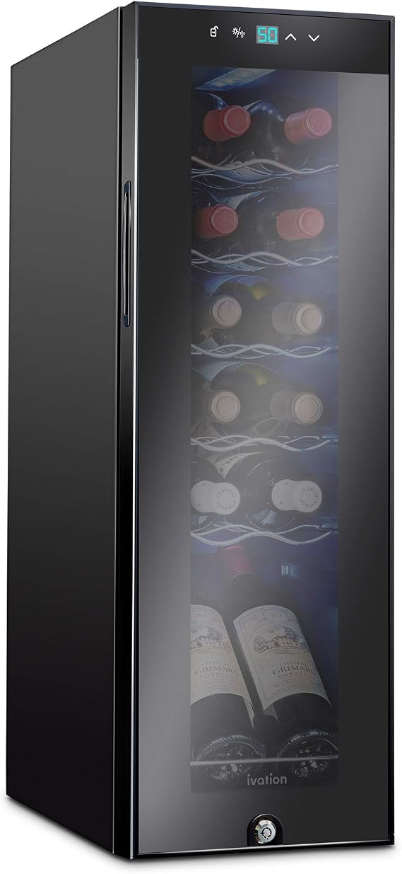 Ivation 12 Bottle Compressor Wine Cooler, Freestanding Fridge w/Lock, Black | Small, quiet wine refrigerator and cellar with a UV glass door, LED lighting, and 41-64F digital temperature control.