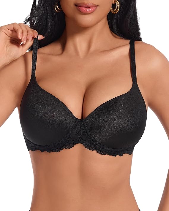 Push Up Bra Demi Underwire Molded Deep Plunge T-Shirt Bras for Women | Add 1-1.5 Cup,Lightly Padded,Lift Up,Supportive,Smoothing,Full Coverage,Double Lace Mesh Layer,Comfortable,Everyday