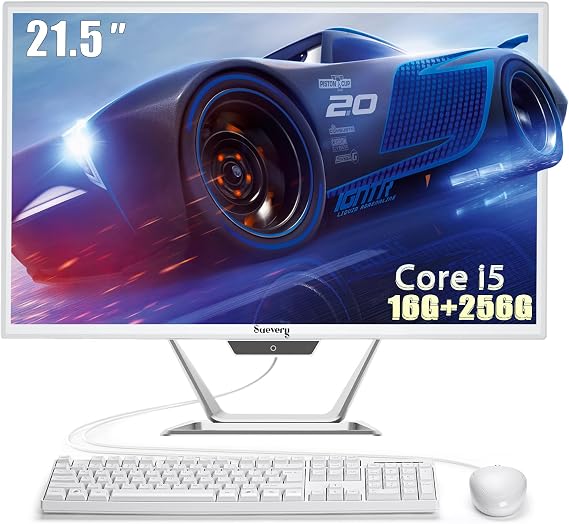 suevery 22Inch All-in-One Desktop Computer, White | 16G RAM, 21.5Inch all in one Intel Core i5 processor Up to 3.5G Home 256G SSD Business PC AIO Home Office Includes Kb Mouse