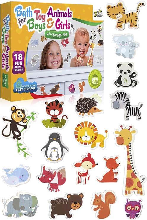 3 Bees & Me Animal Bath Toys for Boys and Girls Fun Foam Animals with Bath Toy Storage Bag 18 Piece Kids Bath Set for Toddlers and Kids