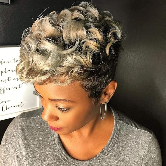 Short Pixie Wig with Ombre Brown Blonde Bangs Natural Short Haircuts for Women Synthetic Short Wigs for Black Women (XX9584)