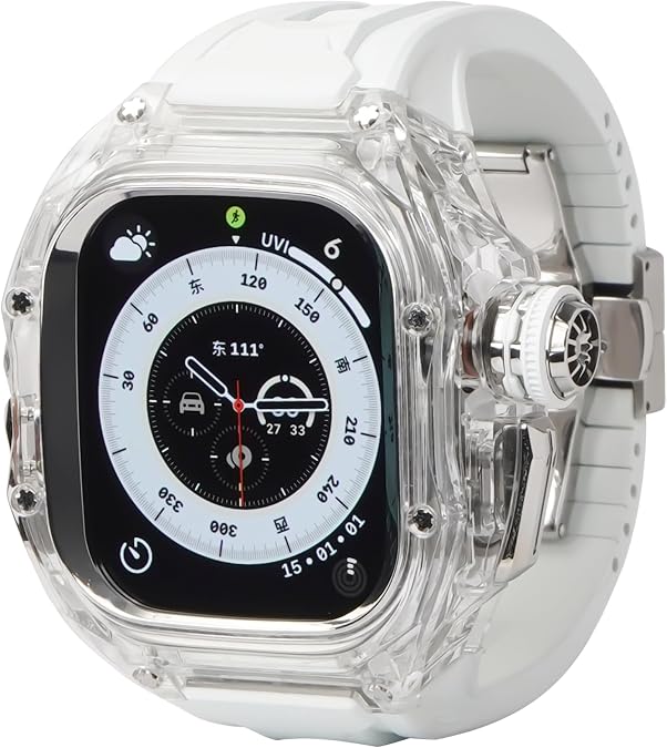 49mm Fashion for Apple Watch Ultra Full Series Integrated Protective Case Set (Transparent Case + Fluorine Rubber Strap) | Lightweight TR-90 Material | Skin-Friendly Antibacterial Strap | Butterfly Buckle | Trendy Modification Watch Band For Apple Watch ultra