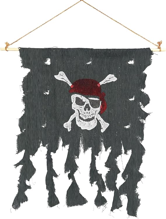 Halloween Pirate Flag Cosplay Decoration Tattered Skull & Crossbones Flag with Red Bandana, 20" x 16", Linen Hanging Banner for Costume Parties, Halloween Decor