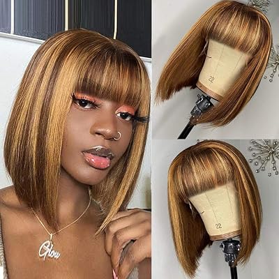 Ombre Color 427 Short Bob Wigs with Bangs Human Hair For Women Short Bob Wigs Highlight Color Straight Brazilian Remy Hair Wigs With Bangs Pre Plucked Gluless Wigs Middle Part12 inch