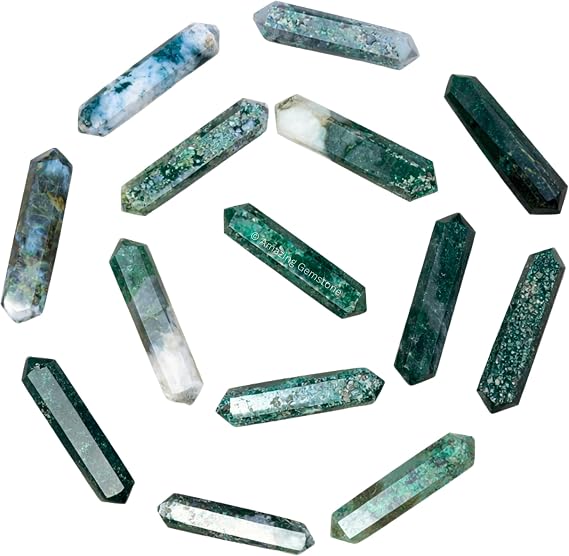 Moss Agate Crystal Points Bulk Healing Crystals & Stones - Pack of 3 | Double Terminated Healing & Point Bulk Crystals for Crafts, Crystal Grid, DIY Work - Premium Crystals