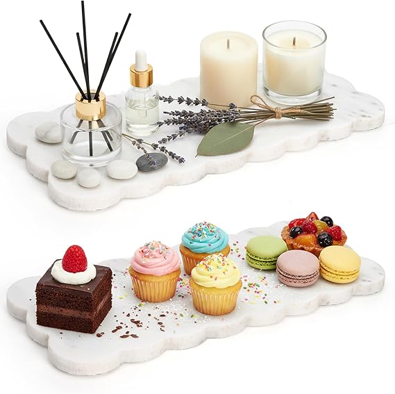 Coloch 2 Pack White Scalloped Marble Boards, 12x5 Marble Serving Tray with Anti-Slip Rubber Decorative Bathroom Vanity Tray Pastry Display Board for Perfume, Candle, Jewelry, Cake, Cheese