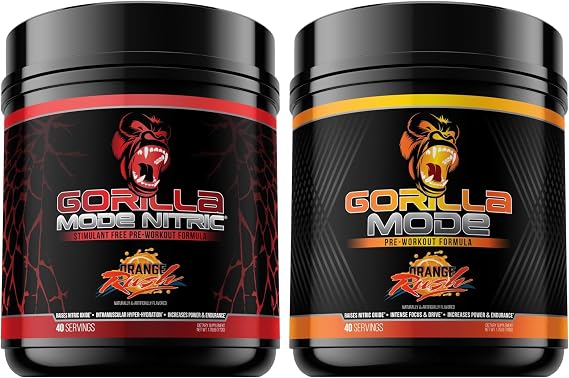 Gorilla Mode Pre Workout & Gorilla Mode Nitric Upgraded Stimulant - Best Tasting & Most Effective Stimulant Free Pre-Workout | Massive Pump | Laser Focus Energy Power (Orange Rush)