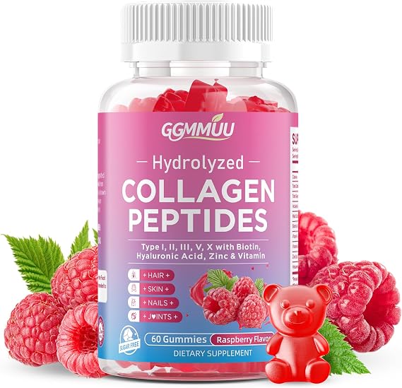 Collagen Peptide Gummies for Women & Men, Collagen Protein Type I,II,III,V,X with Biotin Vitamin C, D, Hydrolyzed Collagen Supplement for Skin, Hair, Nails, Raspberry Flavor, 60 Count