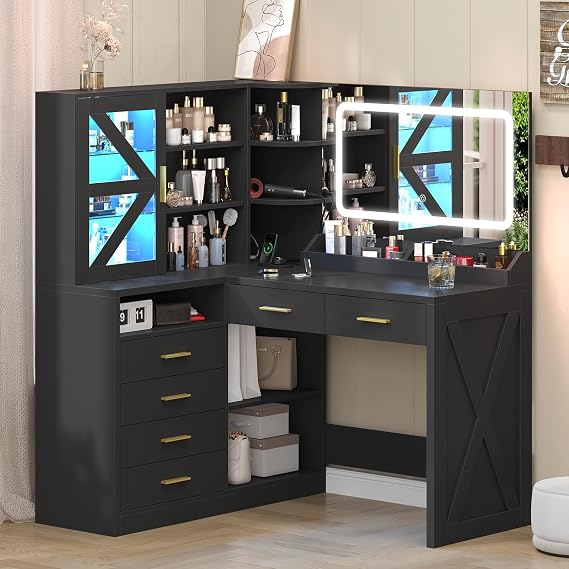 Black L-Shaped Corner Vanity with LED Lighted Mirror & Open Storage Shelves