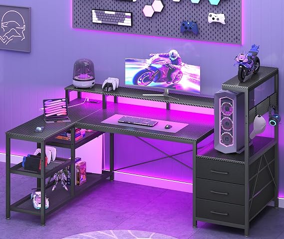 55 L Shaped Gaming Desk with Drawers & CPU Stand for Gamer, Black
