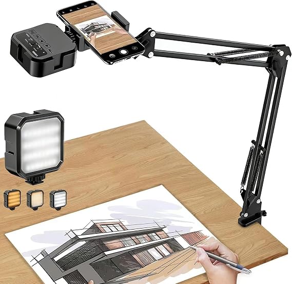 LED Light Overhead Phone Mount, Articulating Arm Cell Phone Holder