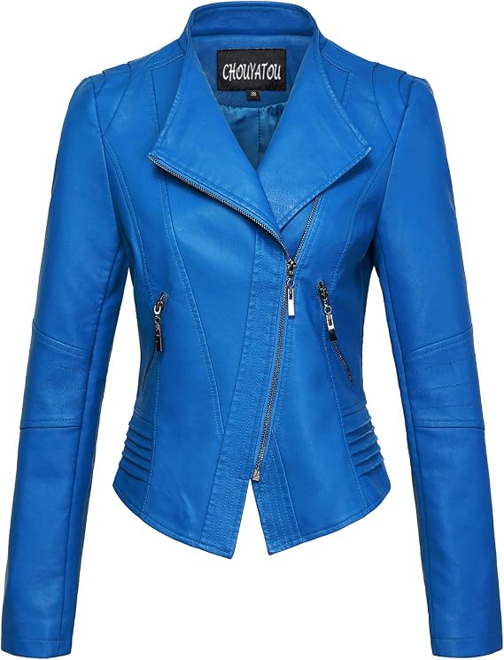 chouyatou Women's Casual Collarless Cropped Pu Leather Biker Jacket