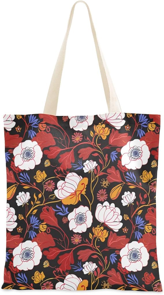 Lilly Floral White Wildflower Red Canvas Tote Bag With Pockets with handles Cute Tote Bag Cloth Bag for Travelling Bolsa de lona
