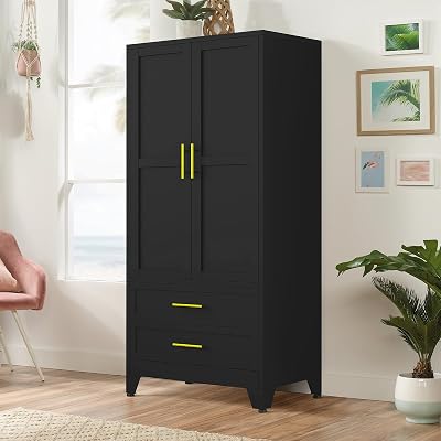 71 Armoire Wardrobe Closet with 2 Doors & 2 Drawers, Metal Storage Cabinet with Drawers and Hanging Rod, Metal Closet Organizers for Home, Office,GymBlack