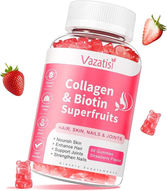 Sugar Free Collagen Gummies for Women Men, Multi Collagen Peptides Gummies Type I II III V X with Biotin Vitamin A B C D E for Hair Skin Nails, Strawberry Flavor, 60 Count