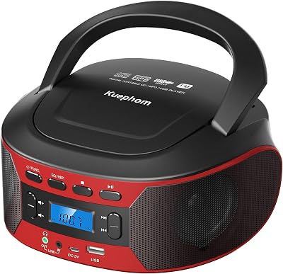 Portable CD Player Boombox with Bluetooth, FM Radio with CD Player Combo,CD Boombox with AUXUSB Playback and Earphone Jack.CD Players for Home with Stereo Speakers,Battery or AC Powered.