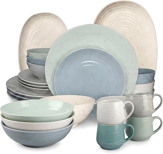 Sango Siterra Artist's Blend 26-Piece Stoneware Dinnerware Set for 4, Ceramic Plates and Bowls Sets with Mugs and Platters, Perfect for Everyday Dining