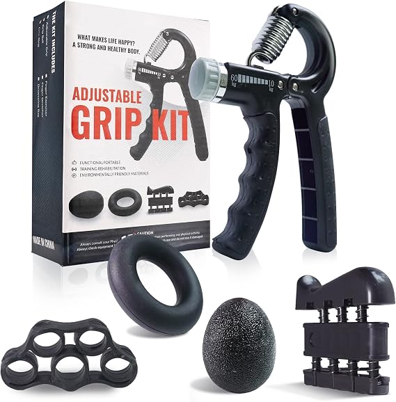 Hesbilr Hand Grip Strengthener Workout Kit (5 pack) Forearm Grip Adjustable Resistance Hand Gripper, Finger Exerciser, Finger Stretcher, Grip Ring and Stress Reduction Grip Ball for Forearm Strengthener