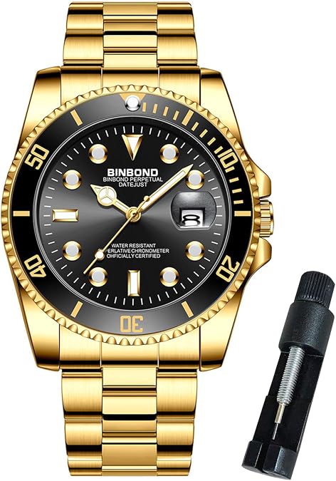 BINBOND Watches for Men Stainless Steel Rotatable Bezel Classic Dress Waterproof Luminous Luxury Big Face Business Date Mens Wrist Watch