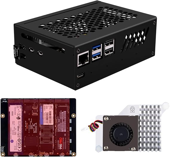 GeeekPi N16 Quad M.2 M-Key NVMe SSD HAT with Metal Case & Active Cooler for Raspberry Pi 5, Support M.2 NVMe M-Key 2230/2242/2260/2280 SSDs