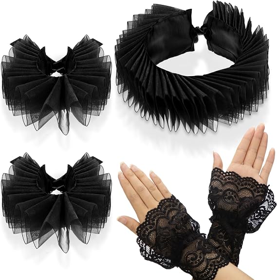 JenPen Halloween Collar Cuff Set Renaissance Neck and Wrist Ruffs Clown Collar Ruffle Cuff Women's Lace Bridal Prom Gloves
