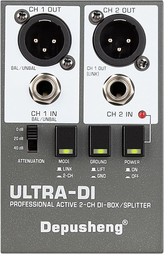 Depusheng Ultra-DI Di2 Professional Active 2-Channel DI-Box/Splitter w/Input Attenuator to Connect Guitar & Bass,Connector to Balanced & Unbalanced,Support 48V power supply