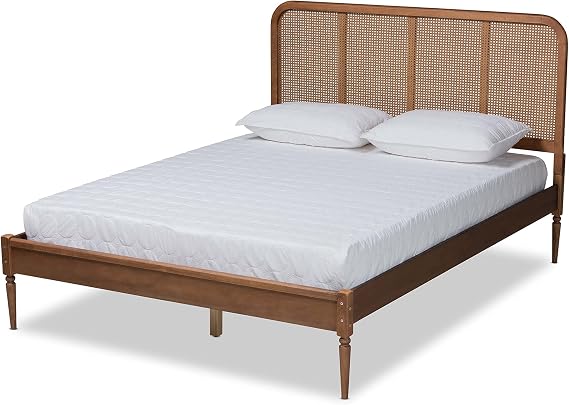 Baxton Studio Elston Mid-Century Modern Walnut Brown Finished Wood and Synthetic Rattan Full Size Platform Bed