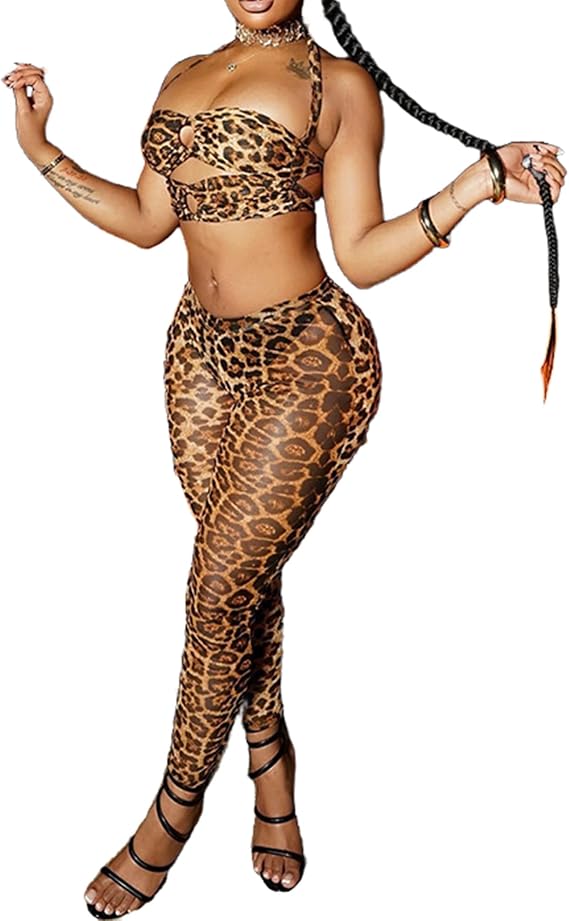 Molilove Womens Cheetah Print 2 Piece Outfits Leopard Sleeveless Halter Tube Top Bodycon Pants Set Sexy Y2K Clubwear
