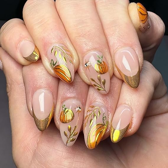 24Pcs Fall Press on Nails Medium Almond Gold French Tip Fake Nails Gold Maple Leaf Pumpkin Star with Rhinestones Designs Glue on Nails Autumn Thanksgiving False Nails for Women Acrylic Manicure Salon