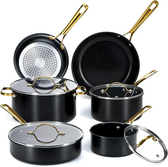 Chef Power Ceramic Cookware Sets, Pots and Pans Set Non Stick 10Pcs, Induction Kitchen Cooking Set with Stainless Steel Handle, Dishware & Oven Safe, Stone Black