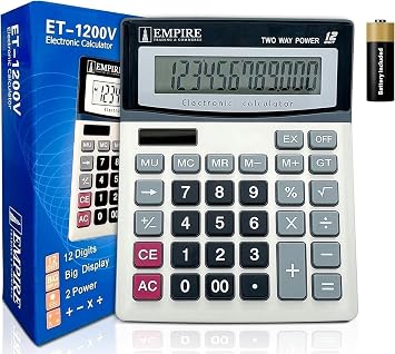 Empire Desk Calculator with Large Key Buttons, 12-Digit Large Eye-Angled Display, Solar & Battery Powered - Basic Calculator for Students, Home and Office Use (Battery Included)