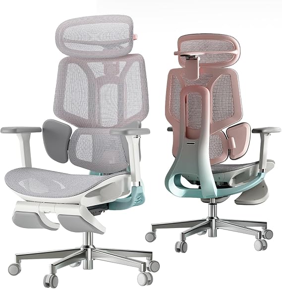 Hbada E3 Pro Office Chair, Desk Chair, Telework Ergonomic Chair, Mesh Chair, T-Back, 3-Zone Lumbar Support, 4D Headrest, 4D Armrest, Pink With 4D Armrest, Ottoman