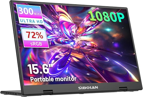 Portable Monitor, 15.6 Display, 1080P Full HD Resolution, IPS Panel, 300 Nits Brightness, 60Hz Refresh Rate, USB-C/HDMI, Plug & Play, Height-Adjustable Stand, Gaming & Travel