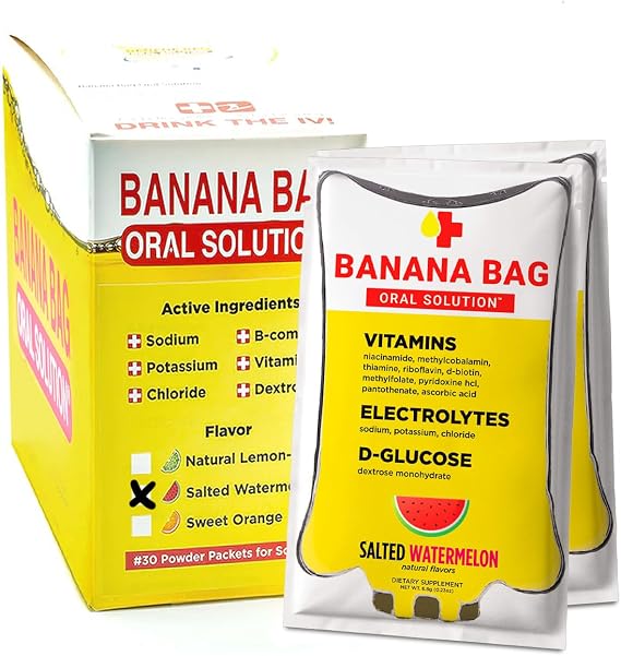 Banana Bag Electrolytes Vitamin Powder Drink Mix, Salted Watermelon 30 Pk | IV-level hydration powder packets w/ Electrolytes + Vitamin C & B-complex. Fast rehydration after exercise & alcohol recovery