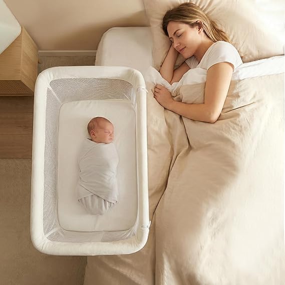 INFANS Over Bed Bassinet for Baby, Bedside Sleeper with Lowering Wall for Easy Access, Safe Close Sleeping, Adjustable Height, Storage, Newborn Infant Girls Boys (White)