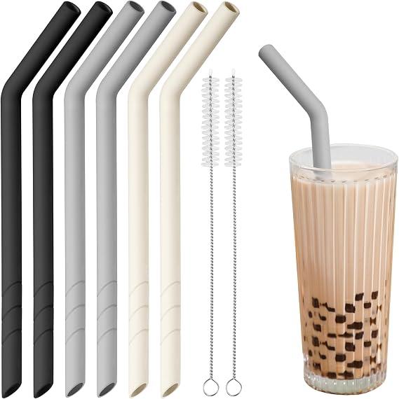 NiHome 6PCS Extra Wide Reusable Bent Silicone Straws for Boba, Smoothies, Bubble Tea, Bent Straws for Thick Drinks, Dishwasher Safe, Customizable Length, 2 Brushes Easy Cleaning (Black, White & Gray)