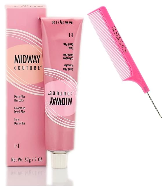 MIDWAY COUTURE by WeIIa Demi-Plus Haircolor Dye, Mid Way Demi Permanent Hair Color (w/SIeekshop Argan-Oil Infused PINK Rat Tail Steel Pin Comb) (7/8RG Red Blonde)