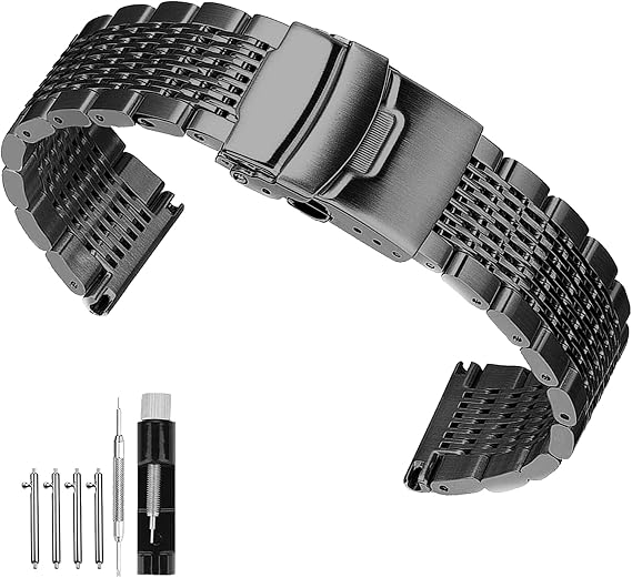 SIANIKE 18mm 20mm 22mm 24mm Mesh Stainless Steel Watch Band for Men Women Brushed and Polished Metal Watch Bands Strap Bracelet Deployment Clasp Black Silver